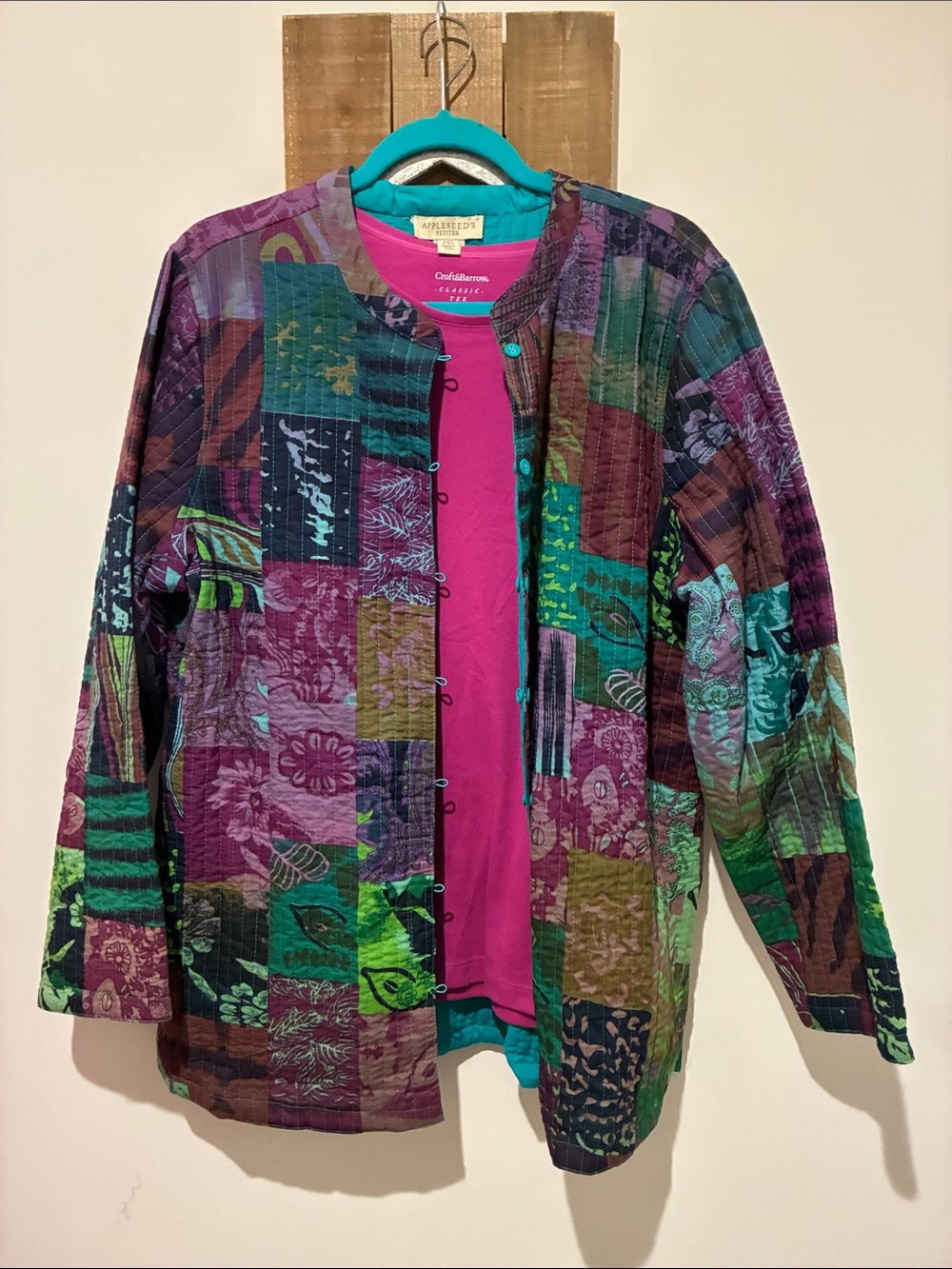 Appleseed's Patchwork Quilted Jacket in Purple, Teal & Green